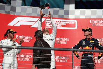 World © Octane Photographic Ltd. Formula 1 – United States GP - Podium. Mercedes AMG Petronas Motorsport AMG F1 W10 EQ Power+ - Valtteri Bottas and Lewis Hamilton  with Aston Martin Red Bull Racing RB15 – Max Verstappen. Circuit of the Americas (COTA), Austin, Texas, USA. Sunday 3rd November 2019.