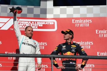 World © Octane Photographic Ltd. Formula 1 – United States GP - Podium. Mercedes AMG Petronas Motorsport AMG F1 W10 EQ Power+ - Valtteri Bottas with Aston Martin Red Bull Racing RB15 – Max Verstappen. Circuit of the Americas (COTA), Austin, Texas, USA. Sunday 3rd November 2019.