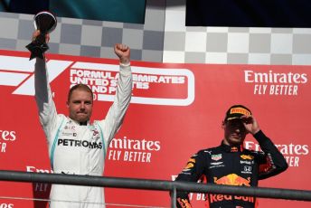 World © Octane Photographic Ltd. Formula 1 – United States GP - Podium. Mercedes AMG Petronas Motorsport AMG F1 W10 EQ Power+ - Valtteri Bottas with Aston Martin Red Bull Racing RB15 – Max Verstappen. Circuit of the Americas (COTA), Austin, Texas, USA. Sunday 3rd November 2019.