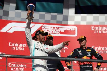 World © Octane Photographic Ltd. Formula 1 – United States GP - Podium. Mercedes AMG Petronas Motorsport AMG F1 W10 EQ Power+ - Lewis Hamilton  with Aston Martin Red Bull Racing RB15 – Max Verstappen. Circuit of the Americas (COTA), Austin, Texas, USA. Sunday 3rd November 2019.