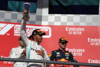 World © Octane Photographic Ltd. Formula 1 – United States GP - Podium. Mercedes AMG Petronas Motorsport AMG F1 W10 EQ Power+ - Lewis Hamilton with Aston Martin Red Bull Racing RB15 – Max Verstappen. Circuit of the Americas (COTA), Austin, Texas, USA. Sunday 3rd November 2019.
