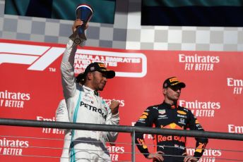 World © Octane Photographic Ltd. Formula 1 – United States GP - Podium. Mercedes AMG Petronas Motorsport AMG F1 W10 EQ Power+ - Lewis Hamilton with Aston Martin Red Bull Racing RB15 – Max Verstappen. Circuit of the Americas (COTA), Austin, Texas, USA. Sunday 3rd November 2019.