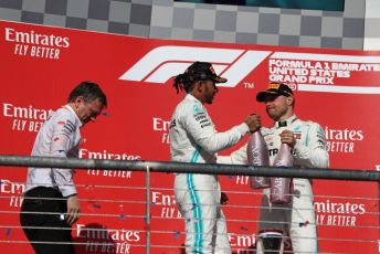 World © Octane Photographic Ltd. Formula 1 – United States GP - Podium. Mercedes AMG Petronas Motorsport AMG F1 W10 EQ Power+ - Valtteri Bottas, Lewis Hamilton and Technical Director James Allison. Circuit of the Americas (COTA), Austin, Texas, USA. Sunday 3rd November 2019.