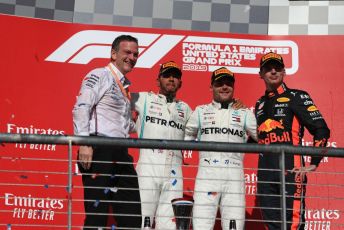 World © Octane Photographic Ltd. Formula 1 – United States GP - Podium. Mercedes AMG Petronas Motorsport AMG F1 W10 EQ Power+ - Valtteri Bottas, Lewis Hamilton and Technical Director James Allison  with Aston Martin Red Bull Racing RB15 – Max Verstappen. Circuit of the Americas (COTA), Austin, Texas, USA. Sunday 3rd November 2019.