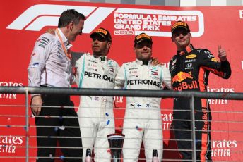 World © Octane Photographic Ltd. Formula 1 – United States GP - Podium. Mercedes AMG Petronas Motorsport AMG F1 W10 EQ Power+ - Valtteri Bottas, Lewis Hamilton and Technical Director James Allison with Aston Martin Red Bull Racing RB15 – Max Verstappen. Circuit of the Americas (COTA), Austin, Texas, USA. Sunday 3rd November 2019.
