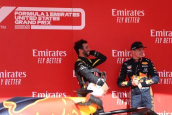 World © Octane Photographic Ltd. Formula 1 – United States GP - Parc Ferme. Aston Martin Red Bull Racing RB15 – Max Verstappen and Renault Sport F1 Team RS19 – Daniel Ricciardo. Circuit of the Americas (COTA), Austin, Texas, USA. Sunday 3rd November 2019.