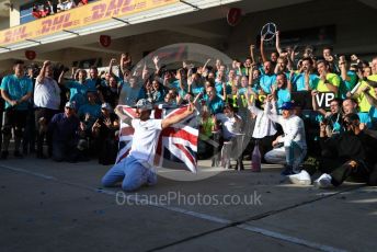 World © Octane Photographic Ltd. Formula 1 – United States GP – 6th Drivers’ World Championship celebration. Mercedes AMG Petronas Motorsport AMG F1 W10 EQ Power+ - Lewis Hamilton, Valtteri Bottas with Anthony Hamilton and Matthew McConaughey. Circuit of the Americas (COTA), Austin, Texas, USA. Sunday 3rd November 2019.