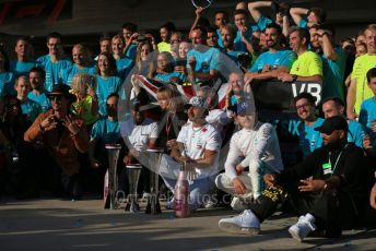 World © Octane Photographic Ltd. Formula 1 – United States GP – 6th Drivers’ World Championship celebration. Mercedes AMG Petronas Motorsport AMG F1 W10 EQ Power+ - Lewis Hamilton, Valtteri Bottas with Anthony Hamilton and Matthew McConaughey. Circuit of the Americas (COTA), Austin, Texas, USA. Sunday 3rd November 2019.