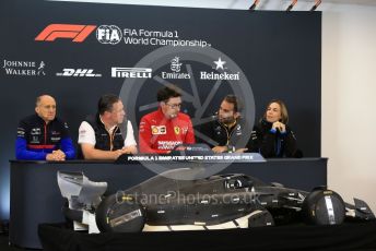World © Octane Photographic Ltd. Formula 1 - United States GP - Friday FIA Team Press Conference. Mattia Binotto – Team Principal of Scuderia Ferrari, Zak Brown - Executive Director of McLaren Technology Group, Cyril Abiteboul - Managing Director of Renault Sport Racing Formula 1 Team, Franz Tost – Team Principal of Scuderia Toro Rosso and Claire Williams - Deputy Team Principal of ROKiT Williams Racing. Circuit of the Americas (COTA), Austin, Texas, USA. Friday 1st November 2019.