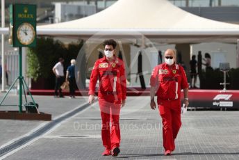 World © Octane Photographic Ltd. Formula 1 – Etihad F1 Grand Prix Abu Dhabi. Mattia Binotto – Team Principal of Scuderia Ferrari Mission Winnow and Luca Colajanni - Head of External Relations and Communications. Yas Marina Circuit, Abu Dhabi. Thursday 9th December 2021.