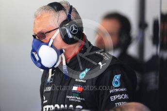 World © Octane Photographic Ltd. Formula 1 – F1 Pre-season Test 2 - Day 3. Mercedes AMG Petronas F1 W11 EQ Performance rear jack mechanic with protective face mask. Circuit de Barcelona-Catalunya, Spain. Friday 28th February 2020.