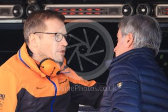 World © Octane Photographic Ltd. Formula 1 – F1 Pre-season Test 1 - Day 1. Andreas Seidl, Team Principle at McLaren and Carlos Sainz Snr. Circuit de Barcelona-Catalunya, Spain. Wednesday 19th February 2020.