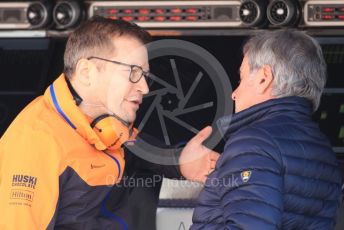 World © Octane Photographic Ltd. Formula 1 – F1 Pre-season Test 1 - Day 1. Andreas Seidl, Team Principle at McLaren and Carlos Sainz Snr. Circuit de Barcelona-Catalunya, Spain. Wednesday 19th February 2020.