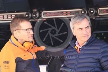 World © Octane Photographic Ltd. Formula 1 – F1 Pre-season Test 1 - Day 1. Andreas Seidl, Team Principle at McLaren and Carlos Sainz Snr. Circuit de Barcelona-Catalunya, Spain. Wednesday 19th February 2020.