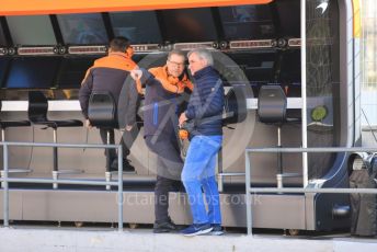 World © Octane Photographic Ltd. Formula 1 – F1 Pre-season Test 1 - Day 1. Andreas Seidl, Team Principle at McLaren and Carlos Sainz Snr. Circuit de Barcelona-Catalunya, Spain. Wednesday 19th February 2020.