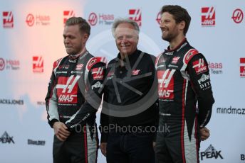 World © Octane Photographic Ltd. Formula 1 – F1 Pre-season Test 1 - Day 1. Haas F1 Team VF20 car launch – Kevin Magnussen and Romain Grosjean with Gene Haas - Founder and Chairman of Haas F1 Team. Circuit de Barcelona-Catalunya, Spain. Wednesday 19th February 2020.