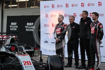 World © Octane Photographic Ltd. Formula 1 – F1 Pre-season Test 1 - Day 1. Haas F1 Team VF20 car launch – Kevin Magnussen and Romain Grosjean with Gene Haas - Founder and Chairman of Haas F1 Team and Guenther Steiner - Team Principal. Circuit de Barcelona-Catalunya, Spain. Wednesday 19th February 2020.