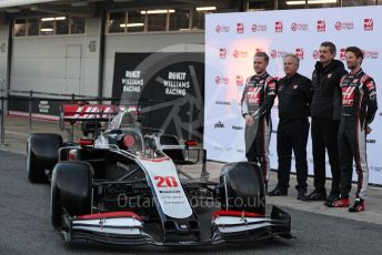 World © Octane Photographic Ltd. Formula 1 – F1 Pre-season Test 1 - Day 1. Haas F1 Team VF20 car launch – Kevin Magnussen and Romain Grosjean with Gene Haas - Founder and Chairman of Haas F1 Team and Guenther Steiner - Team Principal. Circuit de Barcelona-Catalunya, Spain. Wednesday 19th February 2020.