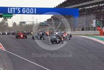 World © Octane Photographic Ltd. Formula 1 – F1 Portuguese GP, Race. Mercedes AMG Petronas F1 W11 EQ Performance - Lewis Hamilton leads the race start. Autodromo do Algarve, Portimao, Portugal. Sunday 25th October 2020.