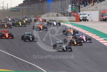 World © Octane Photographic Ltd. Formula 1 – F1 Portuguese GP, Race. Mercedes AMG Petronas F1 W11 EQ Performance - Lewis Hamilton leads the race start. Autodromo do Algarve, Portimao, Portugal. Sunday 25th October 2020.