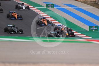 World © Octane Photographic Ltd. Formula 1 – F1 Portuguese GP, Race. Mercedes AMG Petronas F1 W11 EQ Performance - Lewis Hamilton leads into turn 1 on the 1st lap. Autodromo do Algarve, Portimao, Portugal. Sunday 25th October 2020.