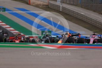 World © Octane Photographic Ltd. Formula 1 – F1 Portuguese GP, Race. Aston Martin Red Bull Racing RB16 – Max Verstappen and BWT Racing Point F1 Team RP20 - Sergio Perez get close before touching. Autodromo do Algarve, Portimao, Portugal. Sunday 25th October 2020.