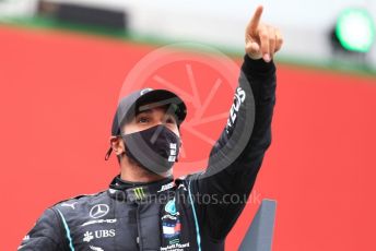 World © Octane Photographic Ltd. Formula 1 – F1 Portuguese GP, Podium. Mercedes AMG Petronas F1 W11 EQ Performance - Lewis Hamilton. Autodromo do Algarve, Portimao, Portugal. Sunday 25th October 2020.