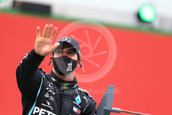 World © Octane Photographic Ltd. Formula 1 – F1 Portuguese GP, Podium. Mercedes AMG Petronas F1 W11 EQ Performance - Lewis Hamilton. Autodromo do Algarve, Portimao, Portugal. Sunday 25th October 2020.