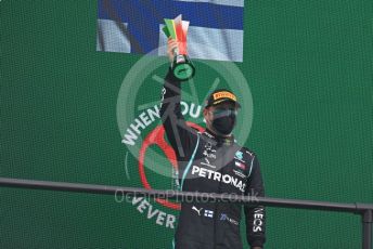 World © Octane Photographic Ltd. Formula 1 – F1 Portuguese GP, Podium. Mercedes AMG Petronas F1 W11 EQ Performance - Valtteri Bottas. Autodromo do Algarve, Portimao, Portugal. Sunday 25th October 2020.