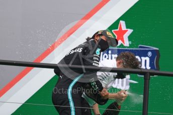 World © Octane Photographic Ltd. Formula 1 – F1 Portuguese GP, Podium. Mercedes AMG Petronas F1 W11 EQ Performance - Lewis Hamilton and Peter “Bono” Bonnington. Autodromo do Algarve, Portimao, Portugal. Sunday 25th October 2020.