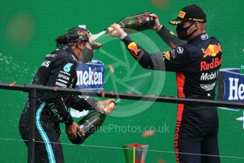 World © Octane Photographic Ltd. Formula 1 – F1 Portuguese GP, Podium. Mercedes AMG Petronas F1 W11 EQ Performance - Lewis Hamilton and Aston Martin Red Bull Racing RB16 – Max Verstappen. Autodromo do Algarve, Portimao, Portugal. Sunday 25th October 2020.