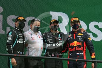 World © Octane Photographic Ltd. Formula 1 – F1 Portuguese GP, Podium. Mercedes AMG Petronas F1 W11 EQ Performance - Lewis Hamilton, Valtteri Bottas and Peter “Bono” Bonnington with Aston Martin Red Bull Racing RB16 – Max Verstappen. Autodromo do Algarve, Portimao, Portugal. Sunday 25th October 2020.