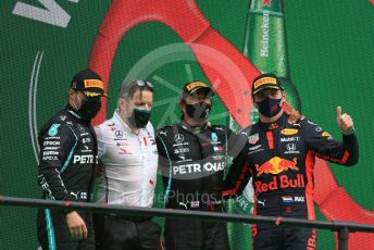 World © Octane Photographic Ltd. Formula 1 – F1 Portuguese GP, Podium. Mercedes AMG Petronas F1 W11 EQ Performance - Lewis Hamilton, Valtteri Bottas and Peter “Bono” Bonnington with Aston Martin Red Bull Racing RB16 – Max Verstappen. Autodromo do Algarve, Portimao, Portugal. Sunday 25th October 2020.