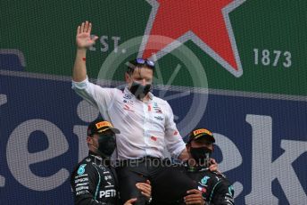 World © Octane Photographic Ltd. Formula 1 – F1 Portuguese GP, Podium. Mercedes AMG Petronas F1 W11 EQ Performance - Lewis Hamilton, Valtteri Bottas and Peter “Bono” Bonnington. Autodromo do Algarve, Portimao, Portugal. Sunday 25th October 2020.