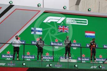 World © Octane Photographic Ltd. Formula 1 – F1 Portuguese GP, Podium. Mercedes AMG Petronas F1 W11 EQ Performance - Lewis Hamilton, Valtteri Bottas and Peter “Bono” Bonnington with Aston Martin Red Bull Racing RB16 – Max Verstappen. Autodromo do Algarve, Portimao, Portugal. Sunday 25th October 2020.