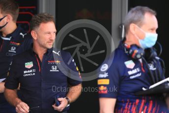 World © Octane Photographic Ltd. Formula 1 – Etihad F1 Grand Prix Abu Dhabi. Christian Horner - Team Principal of Red Bull Racing and Paul Monaghan - Chief Engineer of Red Bull Racing. Yas Marina Circuit, Abu Dhabi. Friday 10th December 2021.