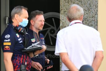 World © Octane Photographic Ltd. Formula 1 – Etihad F1 Grand Prix Abu Dhabi. Christian Horner - Team Principal of Red Bull Racing, Helmut Marko - advisor to the Red Bull GmbH Formula One Teams and head of Red Bull's driver development program Paul Monaghan - Chief Engineer of Red Bull Racing. Yas Marina Circuit, Abu Dhabi. Friday 10th December 2021.