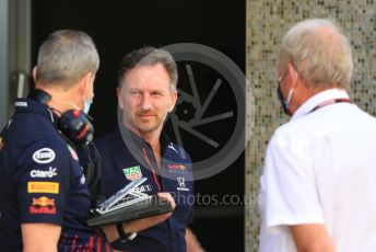 World © Octane Photographic Ltd. Formula 1 – Etihad F1 Grand Prix Abu Dhabi. Christian Horner - Team Principal of Red Bull Racing, Helmut Marko - advisor to the Red Bull GmbH Formula One Teams and head of Red Bull's driver development program Paul Monaghan - Chief Engineer of Red Bull Racing. Yas Marina Circuit, Abu Dhabi. Friday 10th December 2021.