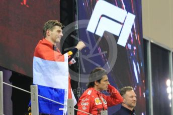 World © Octane Photographic Ltd. Formula 1 – Etihad F1 Grand Prix Abu Dhabi. Red Bull Racing Honda RB16B – Max Verstappen, Scuderia Ferrari Mission Winnow SF21 – Carlos Sainz and Christian Horner - Team Principal of Red Bull Racing. Yas Marina Circuit, Abu Dhabi. Sunday 12th December 2021 Podium and post race celebrations.