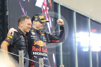 World © Octane Photographic Ltd. Formula 1 – Etihad F1 Grand Prix Abu Dhabi. Red Bull Racing Honda RB16B – Max Verstappen and Christian Horner - Team Principal of Red Bull Racing. Yas Marina Circuit, Abu Dhabi. Sunday 12th December 2021 Podium and post race celebrations.