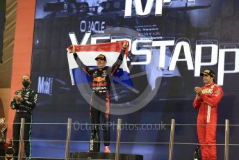World © Octane Photographic Ltd. Formula 1 – Etihad F1 Grand Prix Abu Dhabi. Red Bull Racing Honda RB16B – Max Verstappen, Mercedes AMG Petronas F1 Team F1 W12 - Lewis Hamilton and Scuderia Ferrari Mission Winnow SF21 – Carlos Sainz. Yas Marina Circuit, Abu Dhabi. Sunday 12th December 2021 Podium and post race celebrations.