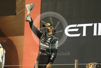 World © Octane Photographic Ltd. Formula 1 – Etihad F1 Grand Prix Abu Dhabi. Mercedes AMG Petronas F1 Team F1 W12 - Lewis Hamilton. Yas Marina Circuit, Abu Dhabi. Sunday 12th December 2021 Podium and post race celebrations.