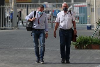 World © Octane Photographic Ltd. Formula 1 – Etihad F1 Grand Prix Abu Dhabi. Helmut Marko - advisor to the Red Bull GmbH Formula One Teams and head of Red Bull's driver development program and Jos Verstappen. Yas Marina Circuit, Abu Dhabi. Friday 10th December 2021.