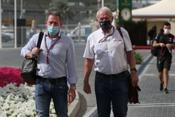 World © Octane Photographic Ltd. Formula 1 – Etihad F1 Grand Prix Abu Dhabi. Helmut Marko - advisor to the Red Bull GmbH Formula One Teams and head of Red Bull's driver development program and Jos Verstappen. Yas Marina Circuit, Abu Dhabi. Friday 10th December 2021.