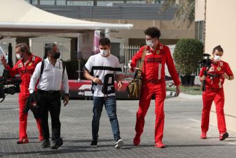 World © Octane Photographic Ltd. Formula 1 – Etihad F1 Grand Prix Abu Dhabi. Mattia Binotto – Team Principal of Scuderia Ferrari Mission Winnow and Charles Leclerc. Yas Marina Circuit, Abu Dhabi. Friday 10th December 2021.