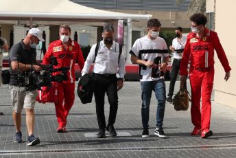 World © Octane Photographic Ltd. Formula 1 – Etihad F1 Grand Prix Abu Dhabi. Mattia Binotto – Team Principal of Scuderia Ferrari Mission Winnow and Charles Leclerc. Yas Marina Circuit, Abu Dhabi. Friday 10th December 2021.