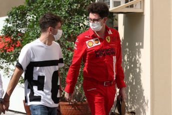 World © Octane Photographic Ltd. Formula 1 – Etihad F1 Grand Prix Abu Dhabi. Mattia Binotto – Team Principal of Scuderia Ferrari Mission Winnow and Charles Leclerc. Yas Marina Circuit, Abu Dhabi. Friday 10th December 2021.