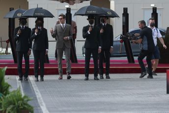 World © Octane Photographic Ltd. Formula 1 – Etihad F1 Grand Prix Abu Dhabi. Williams Racing FW 43B – George Russell suited for Kingsmen photo shoot. Yas Marina Circuit, Abu Dhabi. Sunday 12th December 2021 Paddock and Setup.