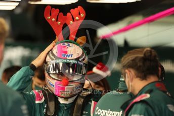 World © Octane Photographic Ltd. Formula 1 – F1 Young Driver and Tyre Test. Aston Martin Cognizant F1 Team Mule Car – Sebastian Vettel with Christmas antlers and red nose. Yas Marina Circuit, Abu Dhabi. Tuesday 14th December 2021.