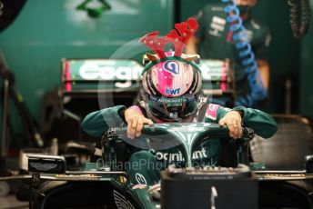 World © Octane Photographic Ltd. Formula 1 – F1 Young Driver and Tyre Test. Aston Martin Cognizant F1 Team Mule Car – Sebastian Vettel with Christmas antlers. Yas Marina Circuit, Abu Dhabi. Tuesday 14th December 2021.